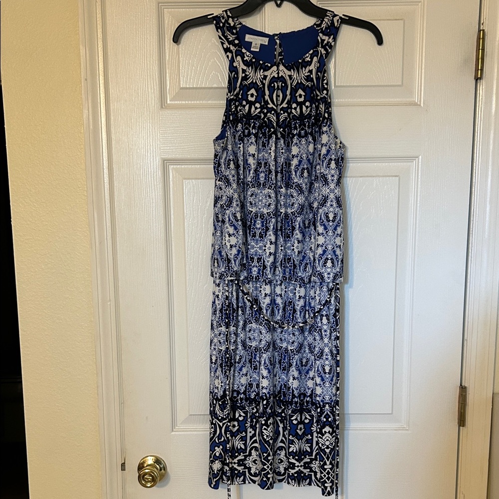 London Times Navy and White Patterned Midi Dress